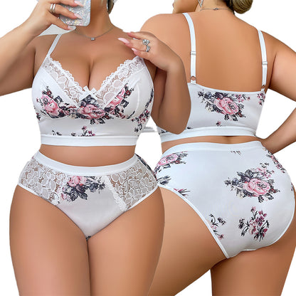 PLUS-SIZE FLORAL LINGERIE SET—LACE BRA AND PANTIES