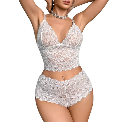 WOMEN'S FRENCH LACE DEEP V BRA & PANTY SET