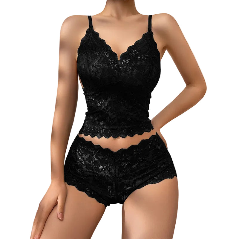 WOMEN'S FRENCH LACE DEEP V BRA & PANTY SET