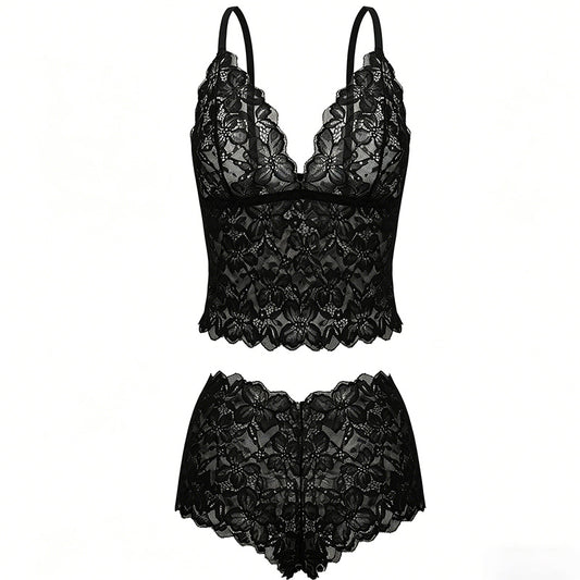 WOMEN'S FRENCH LACE DEEP V BRA & PANTY SET